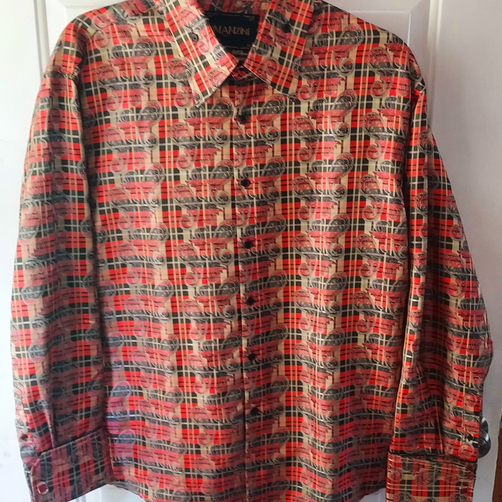 Manzini Men's Red and Black Patterned Button Down Long Sleeve Shirt Size XXL